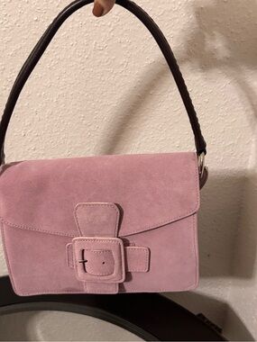 AEROSOLES Pink Suede Buckle Shoulder Bag with Dark Handle